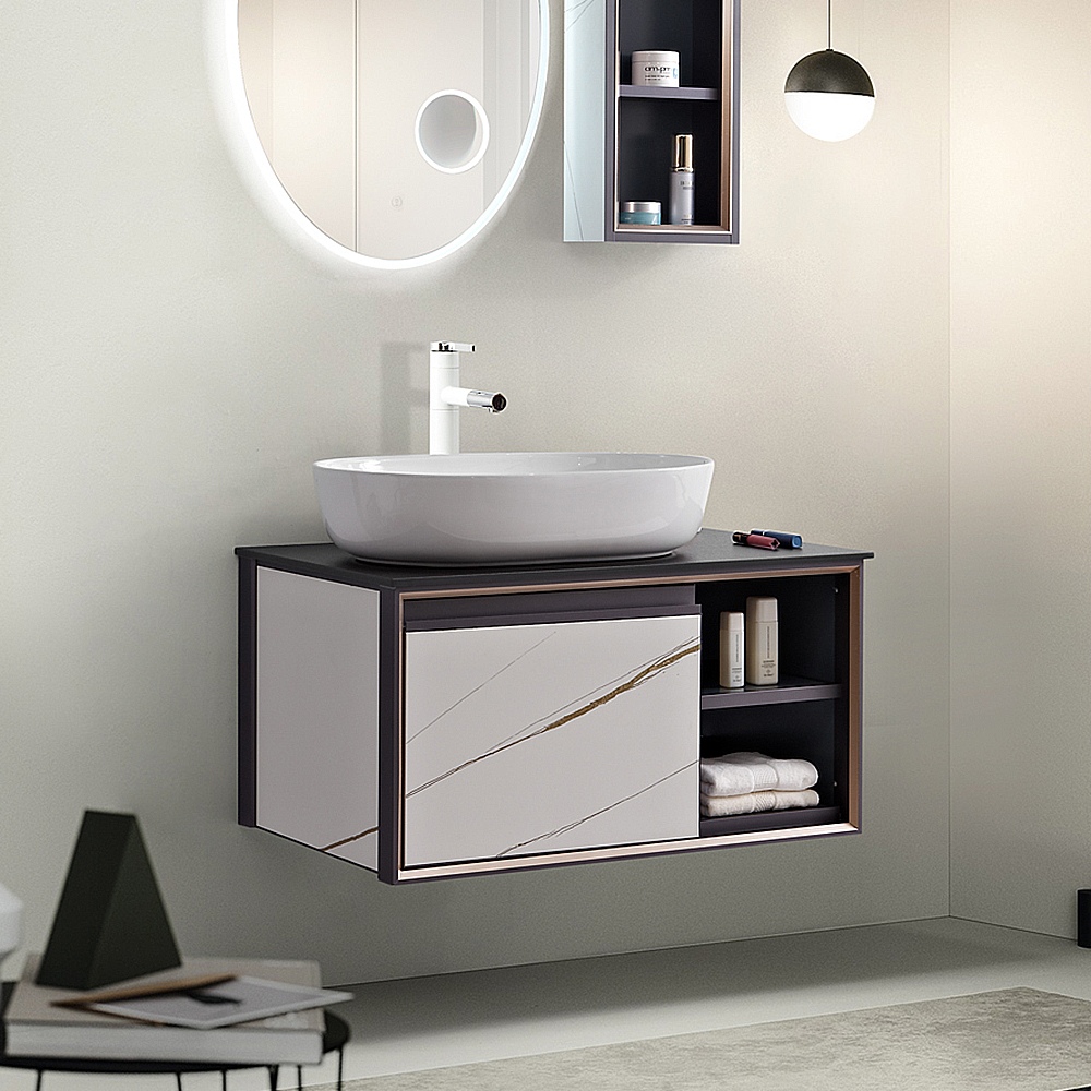 

32" Floating Bathroom Vanity with Creamic Vessel Sink Stone Top Wall Mounted