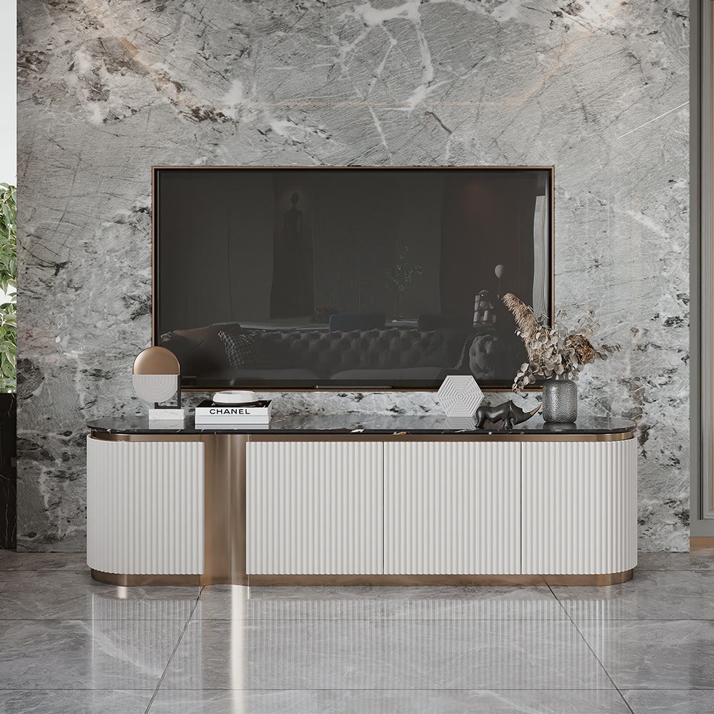 78" White Modern Freestanding Faux Marble TV Stand with 4 Doors