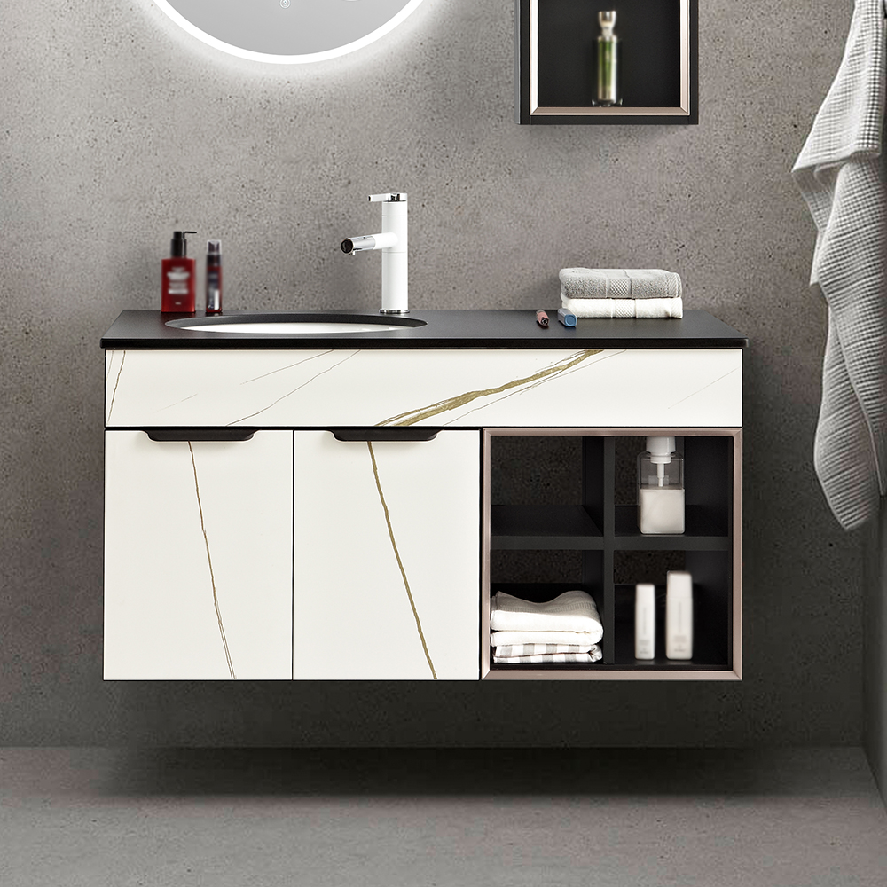 

39.4" Black & White Wall-mounted Single Bathroom Vanity Ceramic Sink & Storage