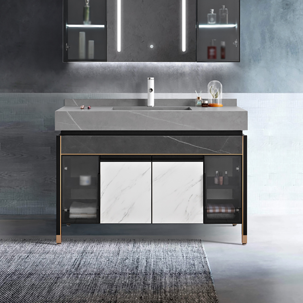

47.2" Gray Freestanding Single Bathroom Vanity with Integral Stone Sink