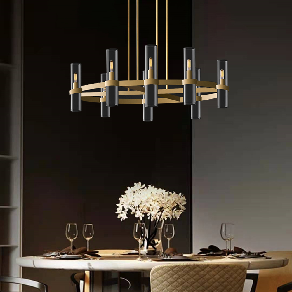 

Modern 8-Light Antique Brass Chandelier with Cylinder Shades