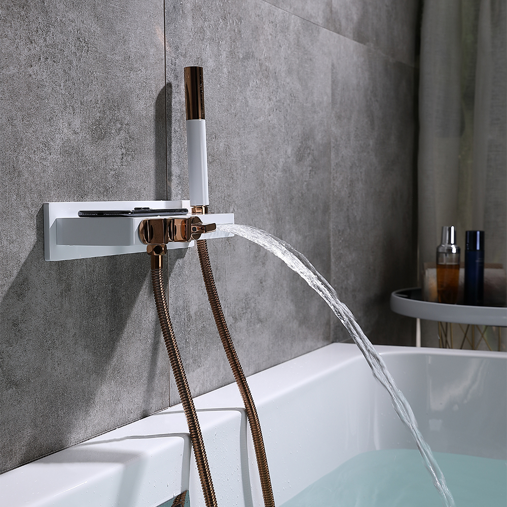 Wall Mounted Waterfall Roman Bathtub Faucet with Handshower Brass White