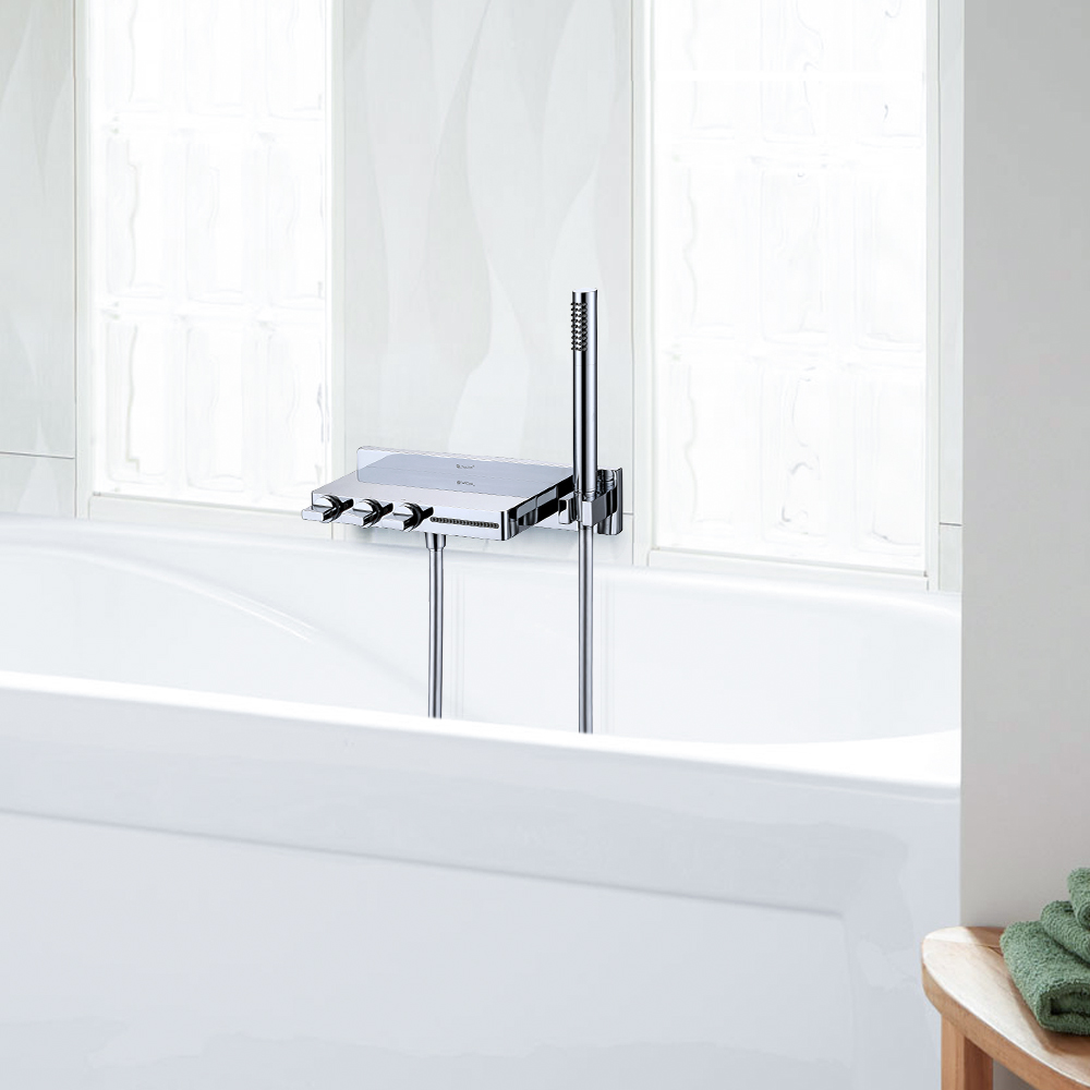 

Wall Mounted Waterfall Roman Bathtub Faucet with Handshower Solid Brass Chrome
