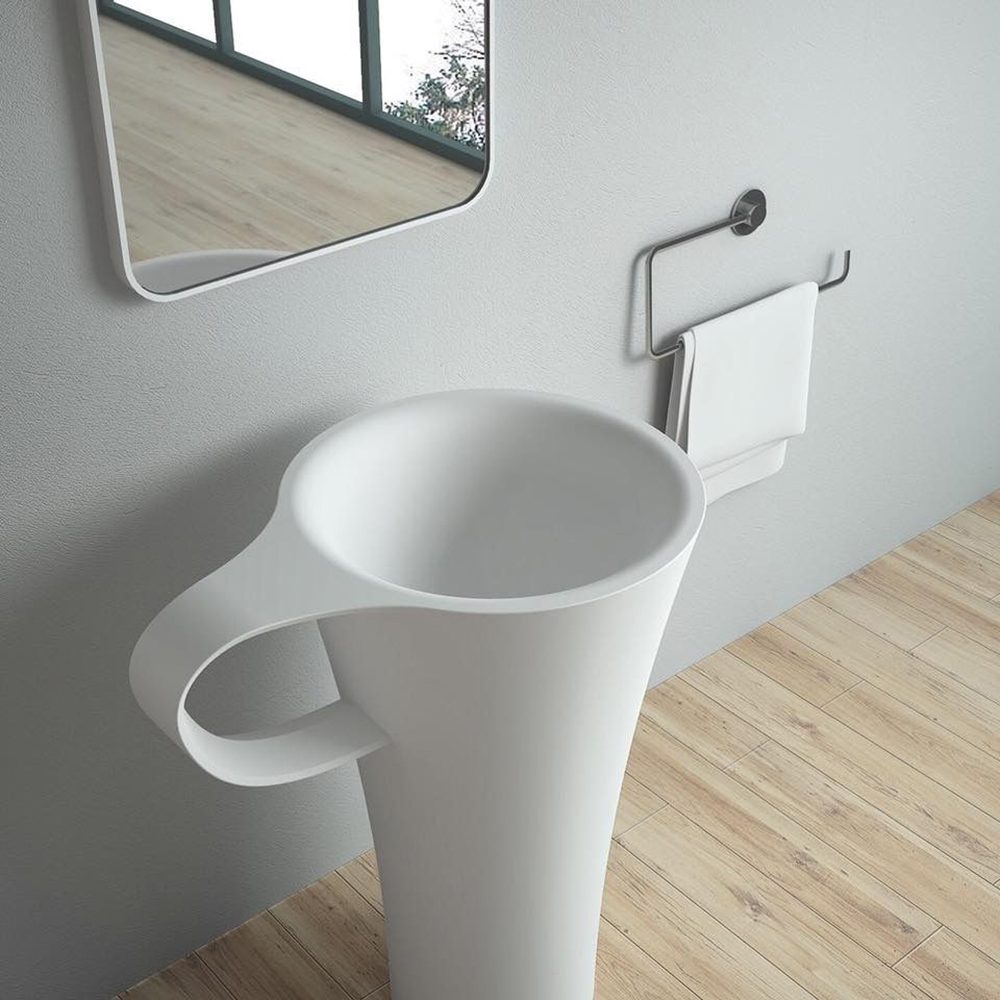 33.46" Matte White Stone Resin Pedestal Bathroom Sink Wash Sink Cup-shaped