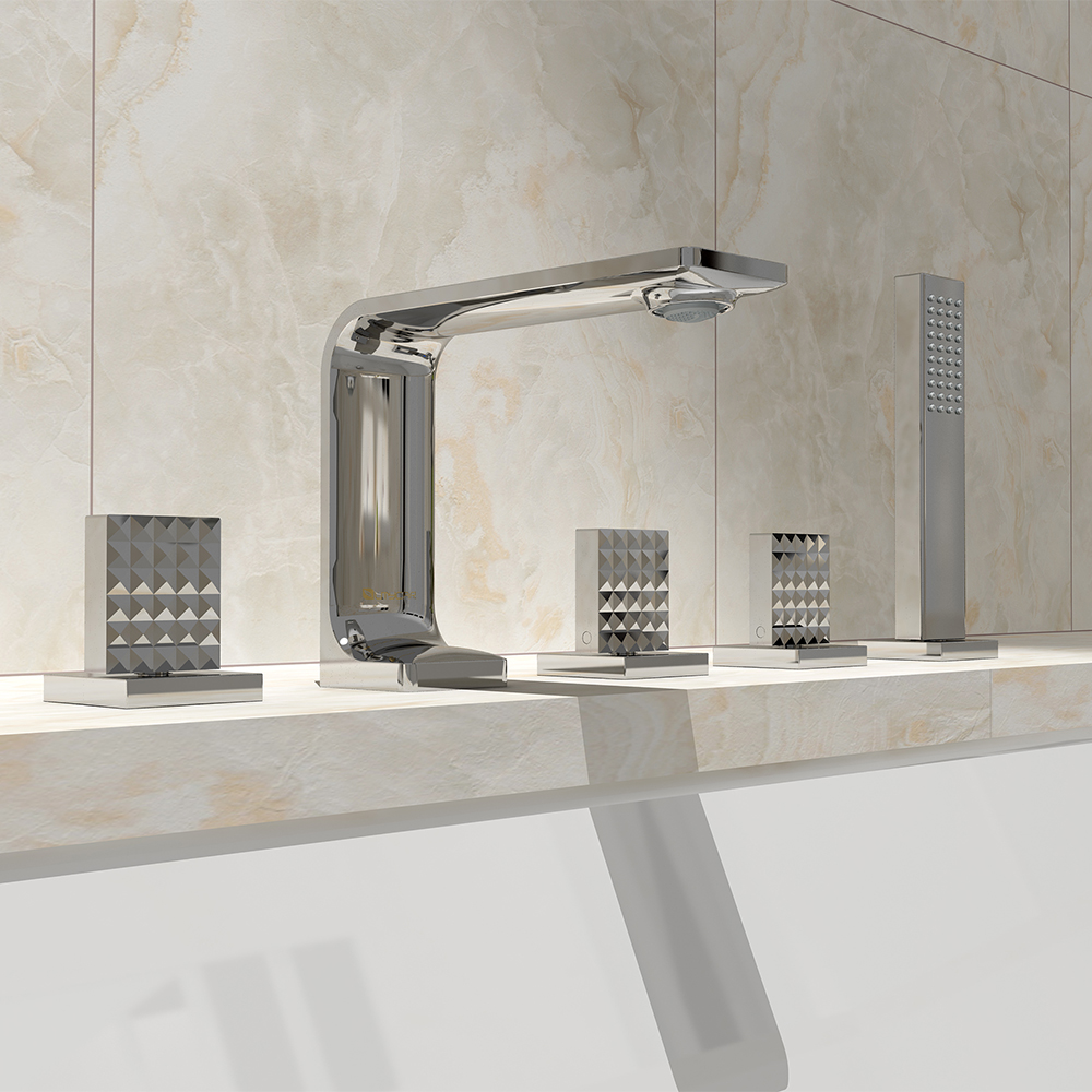 

Geometric Deck Mounted Roman Bathtub Faucet with Handshower Solid Brass