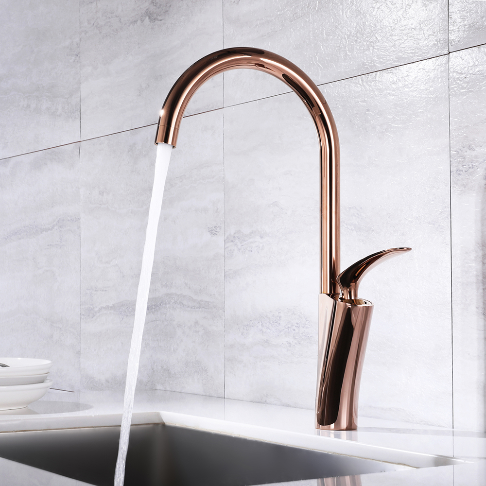 

Single Handle Kitchen Faucet 1-Hole Rose Gold Solid Brass
