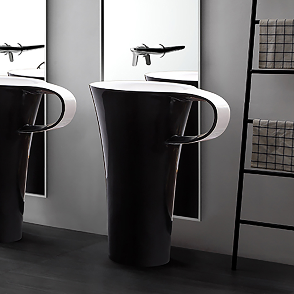 33.46" Glossy Black & White Stone Resin Pedestal Bathroom Sink Wash Sink Cup-shaped