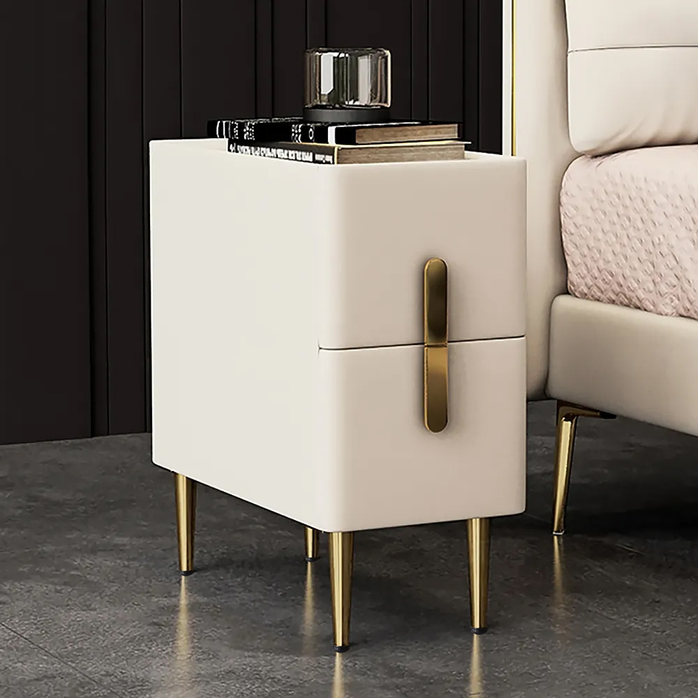 Inarrow Beige Bedside Table with 2 Drawers in Gold Legs, Minimalist