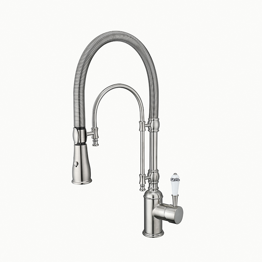 High Arc Dual Mode Pull Down Kitchen Faucet Solid Brass With Porcelain