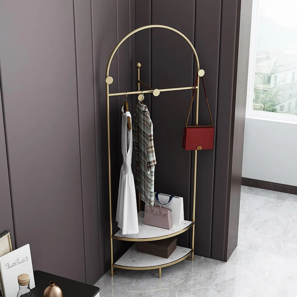Faux Marble Gold Corner Coat Stand with Shelf and Hanging Rail