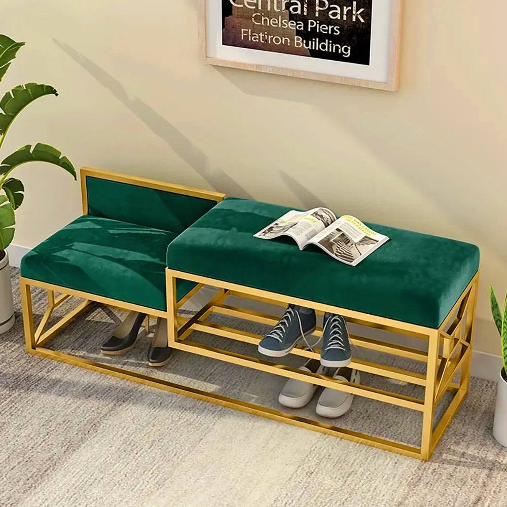 Image of 39.4" Green Shoe Storage Bench Entryway Bench Velvet Upholstered with Metal Frame