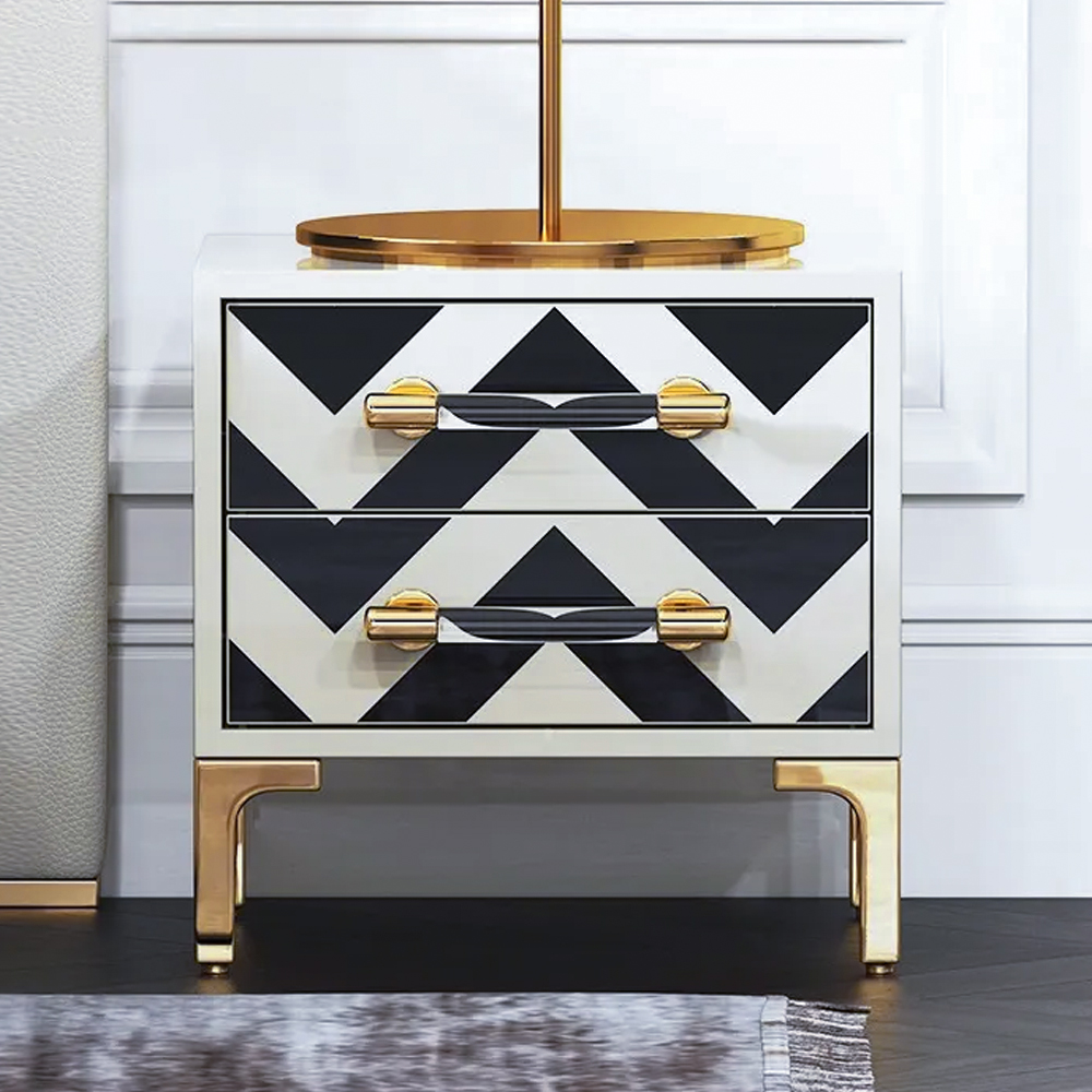 Waveo 2 Drawers Black & White Nightstand with Drawer Mid-Century Bedside Table Gold Legs