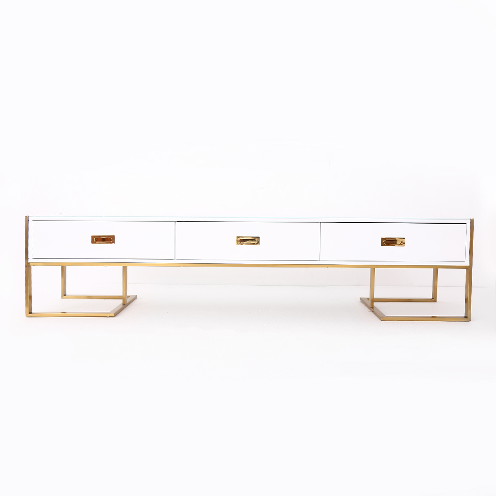 Jocise White TV Stand 3 Drawers Media Stand with Gold Frame & Tempered Glass Top