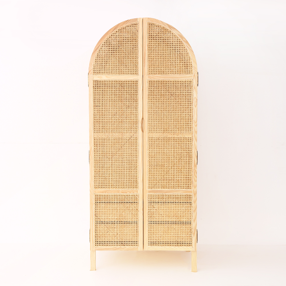 Cottage 2-Door Cane Closet with Hidden Drawers Natural Woven Rattan Cabinet Ash
