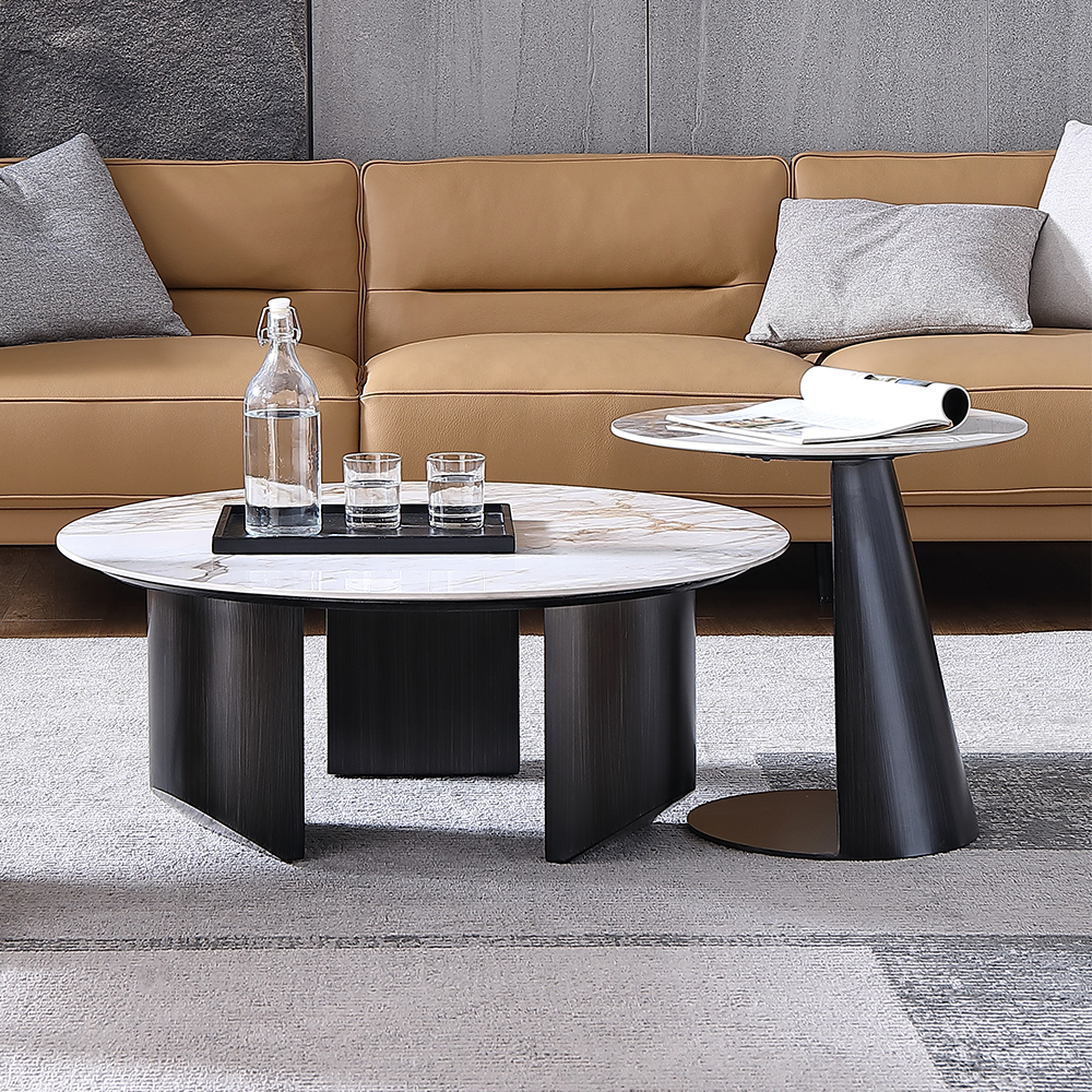

Contemporary Round Stone-top Coffee Table & Side Table Set of 2 with Marble Look