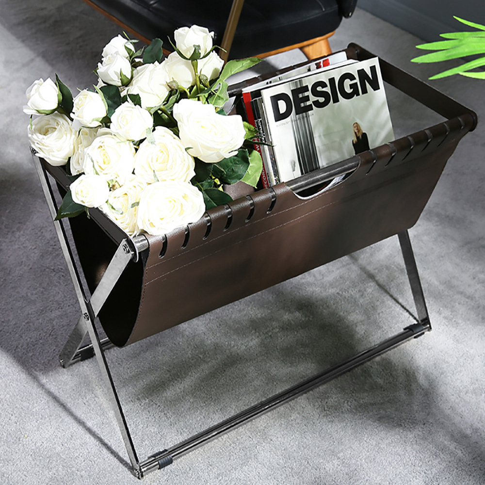 Modern Magazine Rack in Leather and Steel Brown