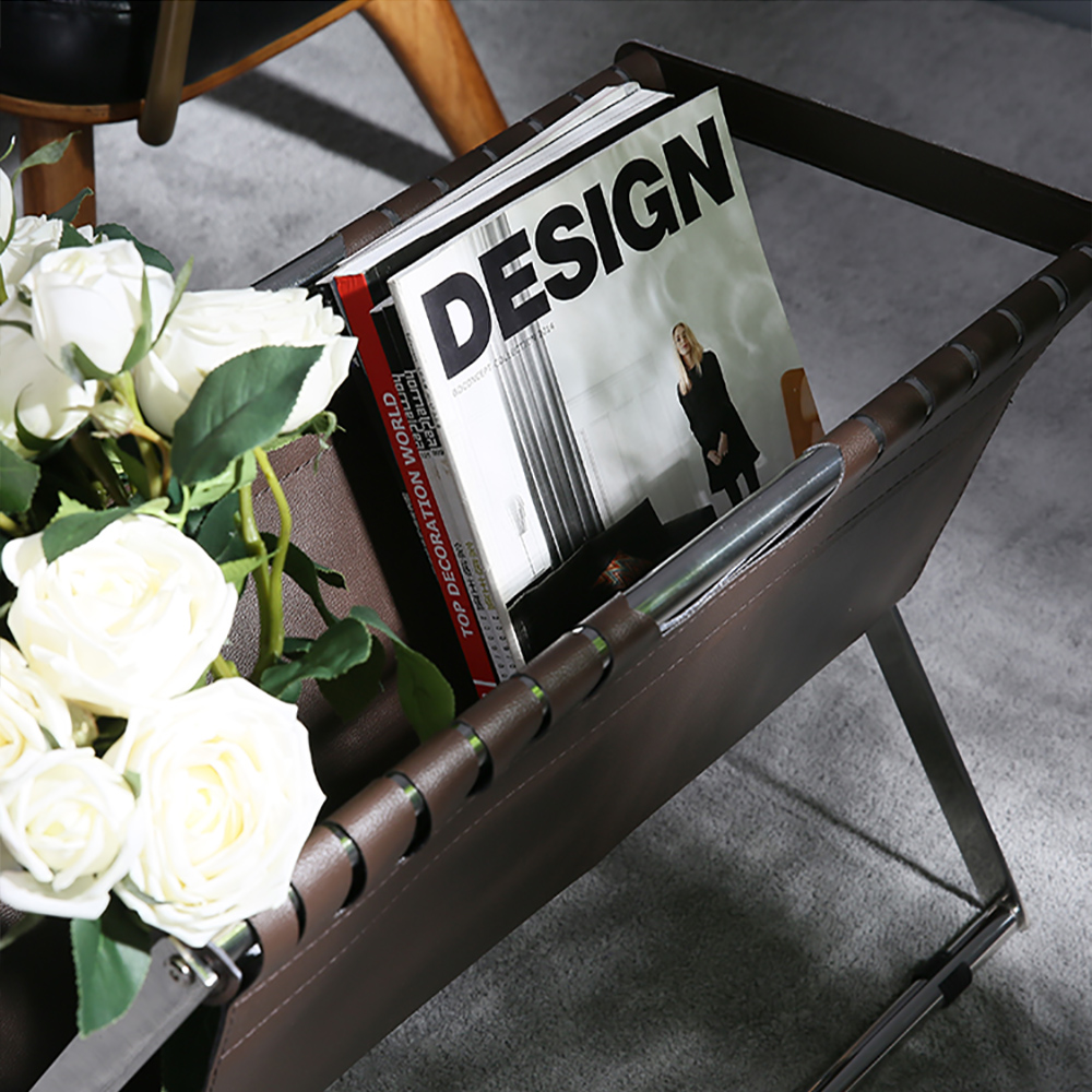 Modern Magazine Rack in Leather and Steel Brown