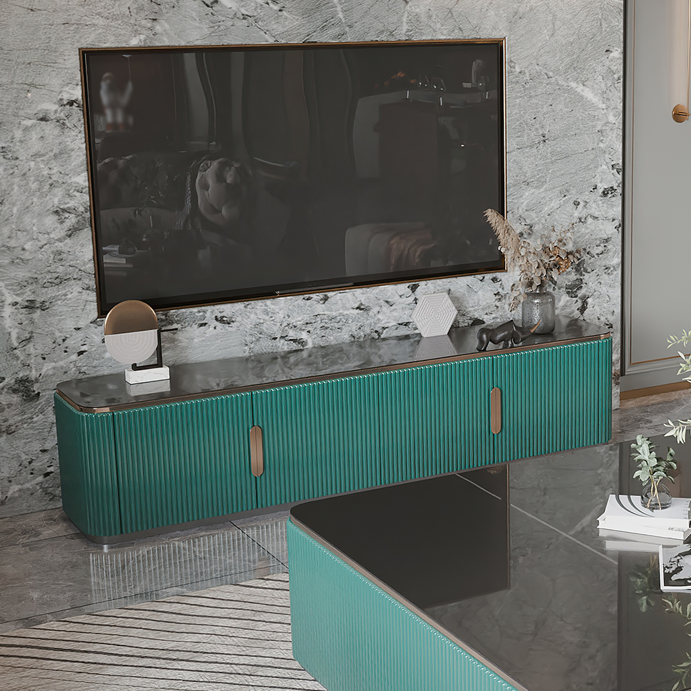 

86.6" Green Modern Stone Top TV Stand Media Console with 4 Doors