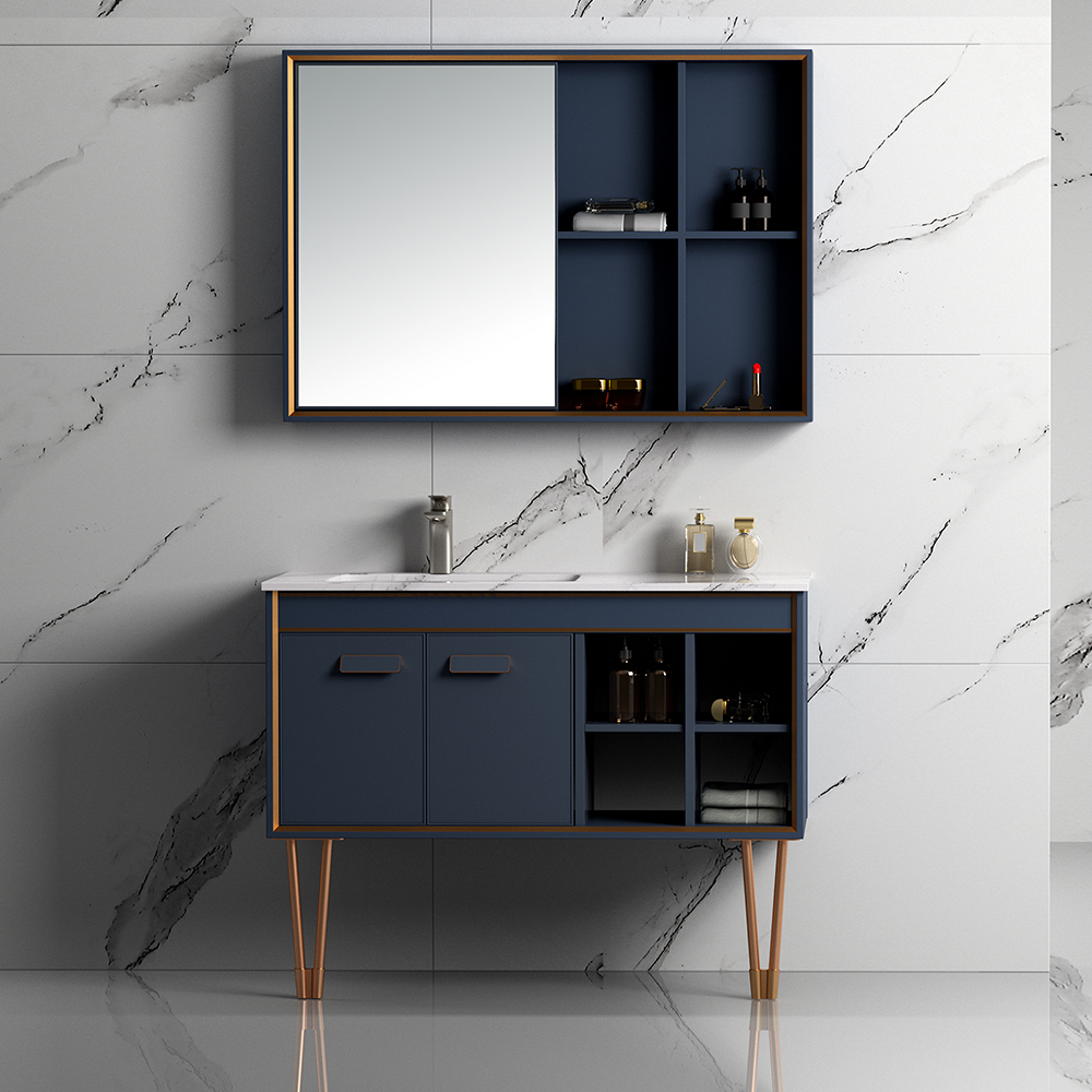 39" Blue Freestanding Bathroom Vanity Set Ceramic Sink With Medicine Cabinet
