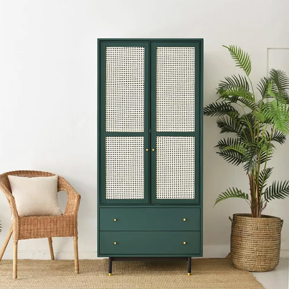 Nordic Green Closet with 2-Drawer 2-Door Clothes Cabinet Rattan Woven