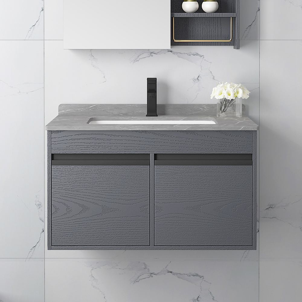 

39.4" Floating Gray Bathroom Vanity with Ceramics Integral Sink 3 Doors Cabinet