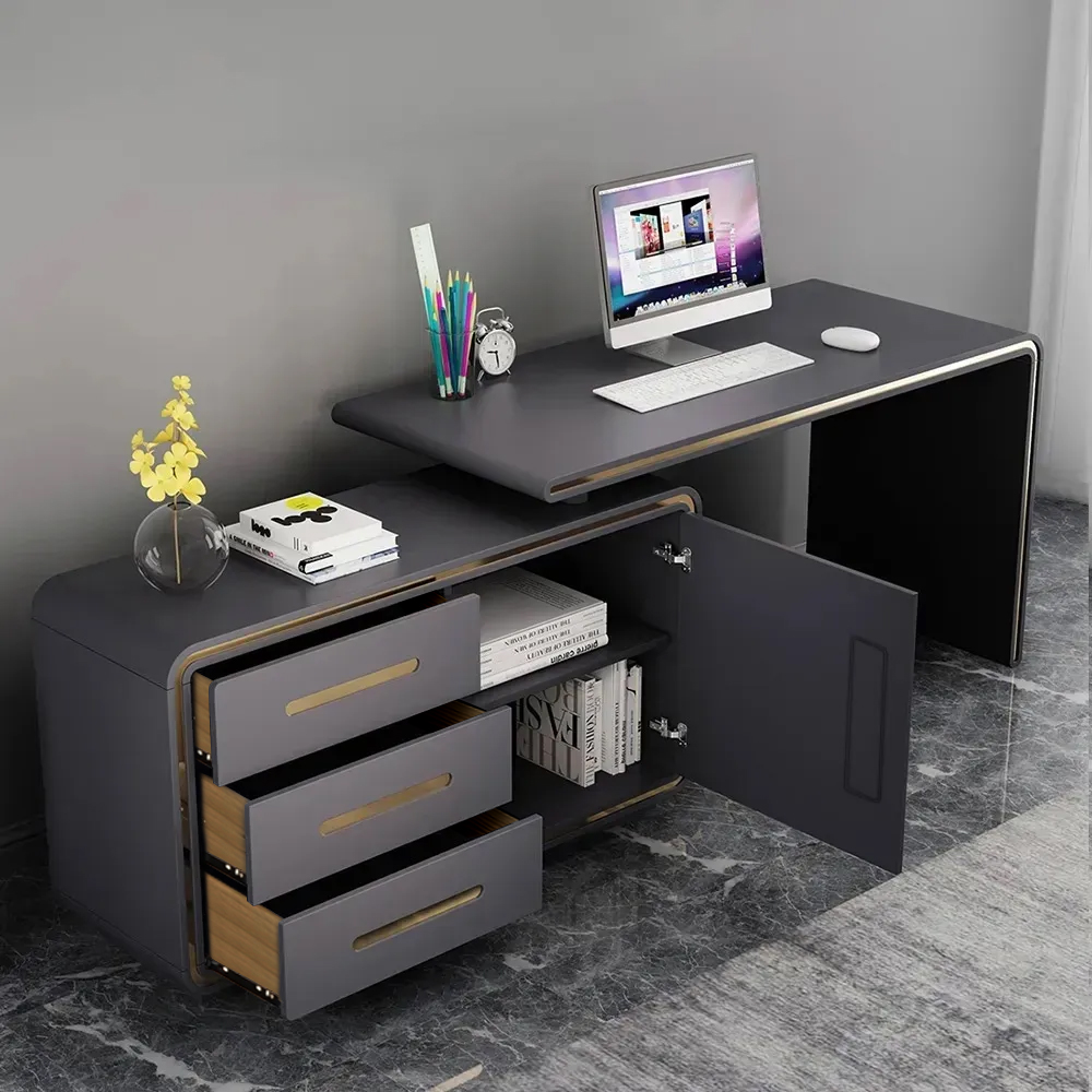 L-Shaped 47" Gray Computer Desk with File Cabinet Corner Rotating Office Desk