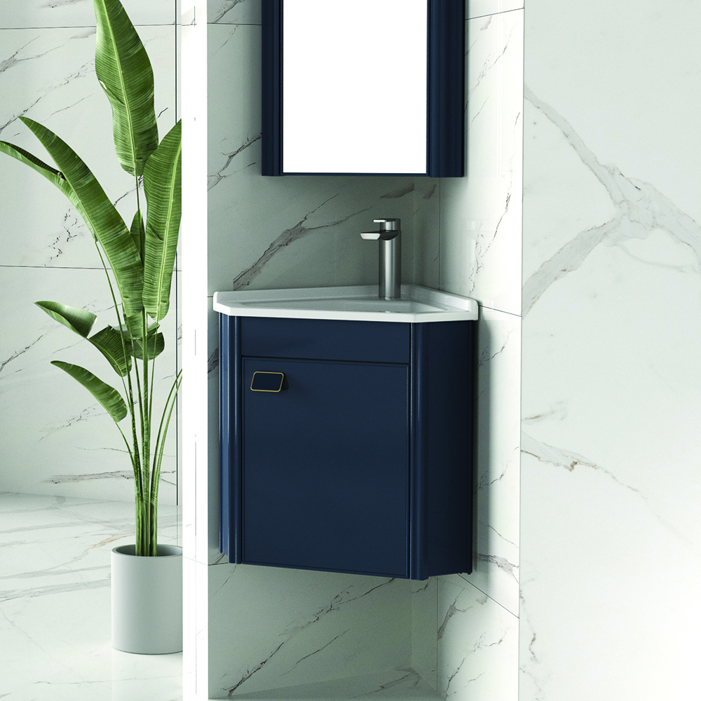 420mm Blue Floating Corner Bathroom Vanity with Medicine Cabinet Ceramics Integral Sink
