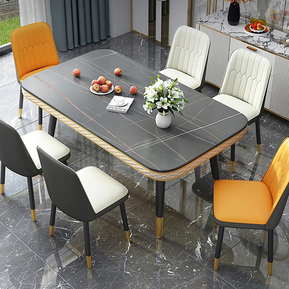 Ensemble de table de salle à manger contemporaine en pierre de 70,9 po pour 8 chaises en cuir microfibre