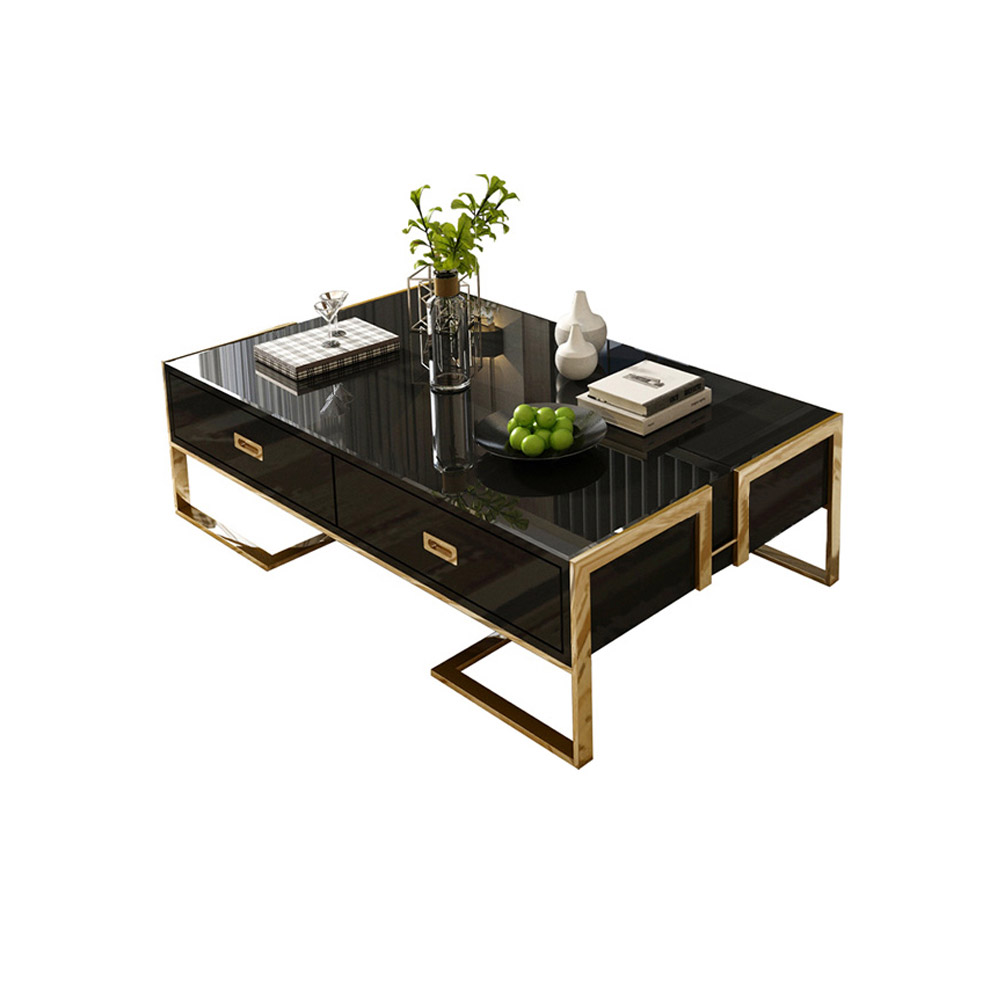 Jocise Contemporary Black Rectangular Coffee Table with Drawers Lacquer Gold Base