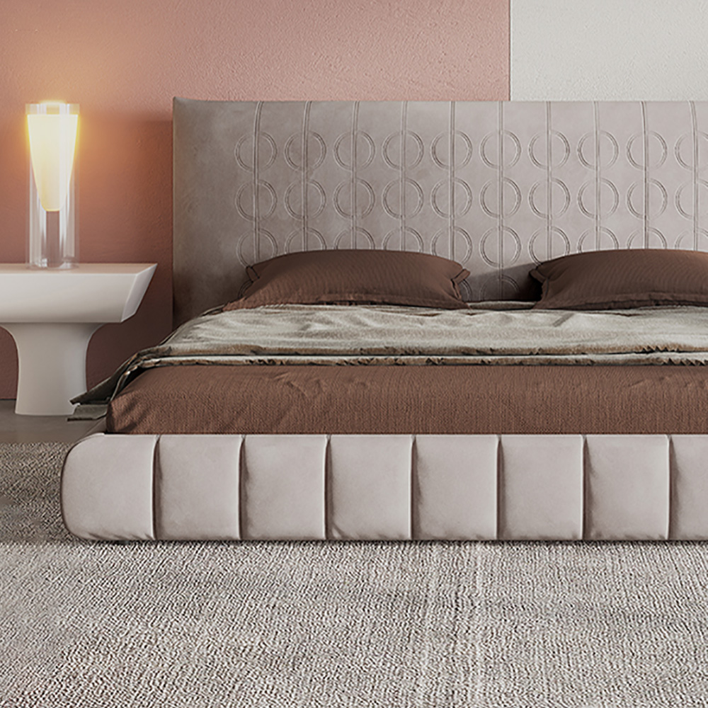 

Pine Wood and Carbon Steel Minimalist Upholstered Velvet Platform Bed with Headboard