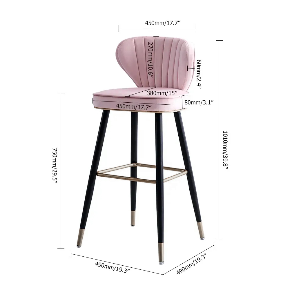 Pink Velvet Upholstered Counter Height Bar Stool with Back Set of 2