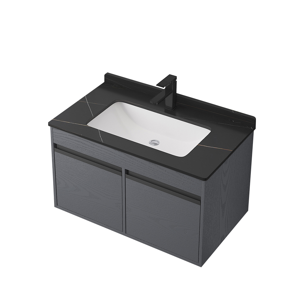 

31.5" Floating Gray Bathroom Vanity with Black Stone Top Ceramics Integral Sink 3 Doors