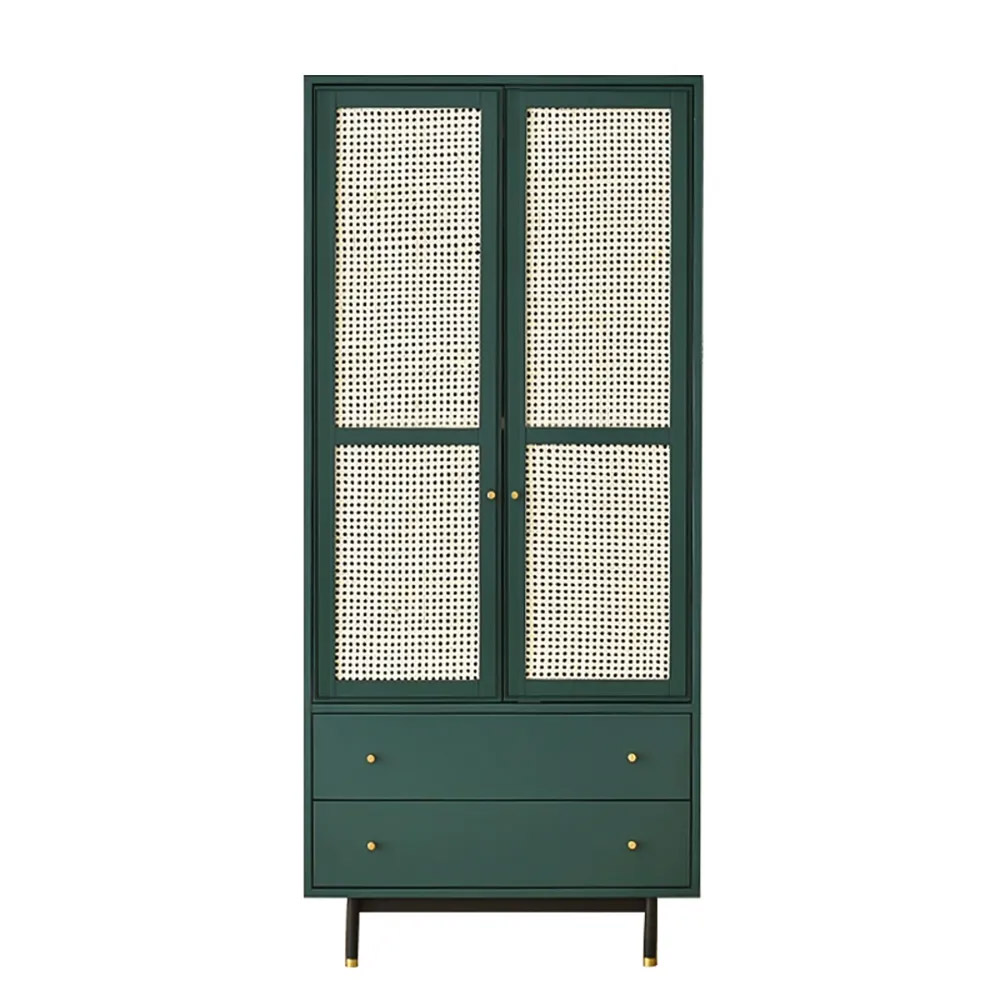 Nordic Green Closet with 2-Drawer 2-Door Clothes Cabinet Rattan Woven