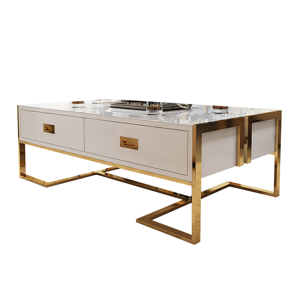 Jocise Contemporary White Rectangular Coffee Table with Drawers Lacquer Gold Base
