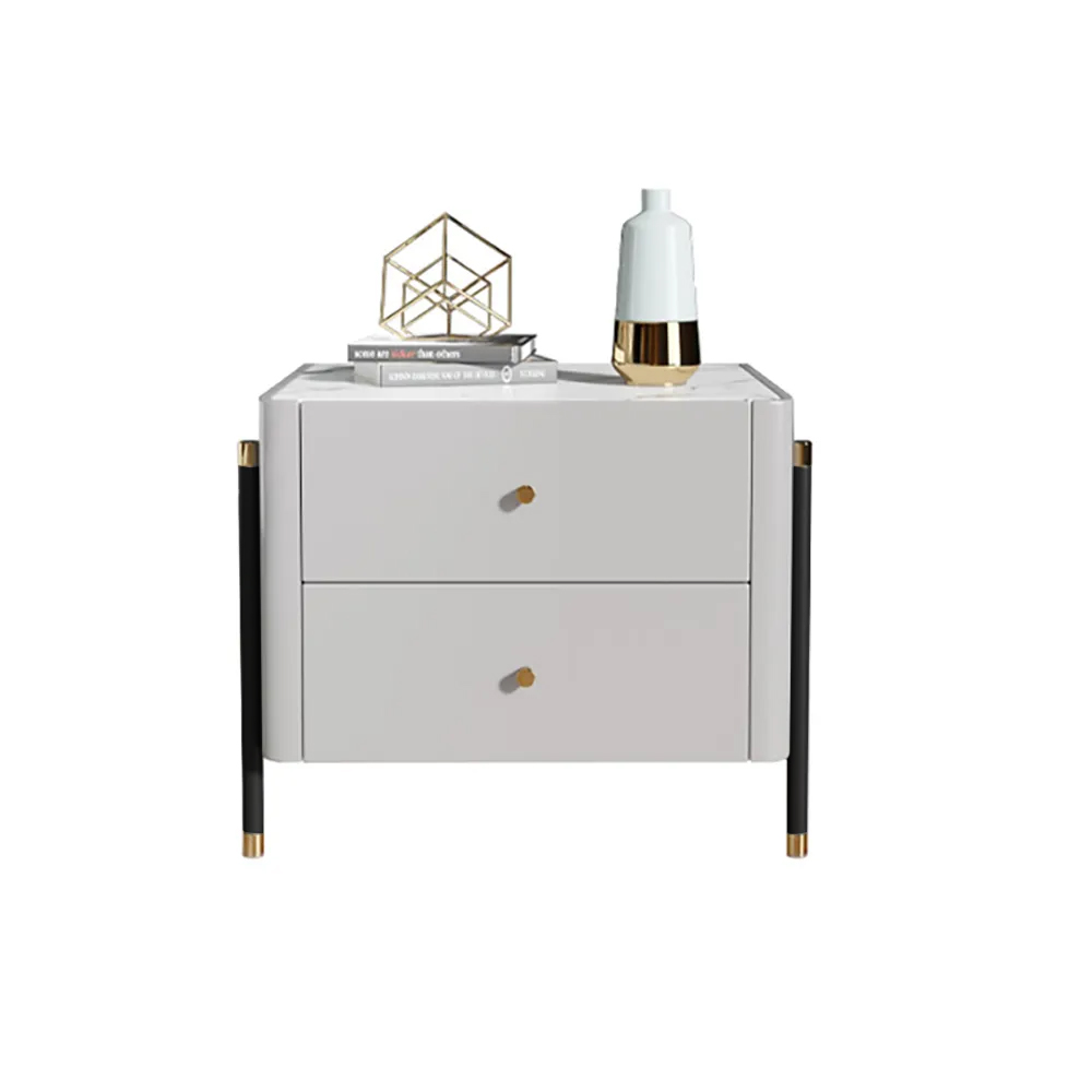 Modern Luxury Grey Nightstand 2-Drawer Bedside Table with Stone Top