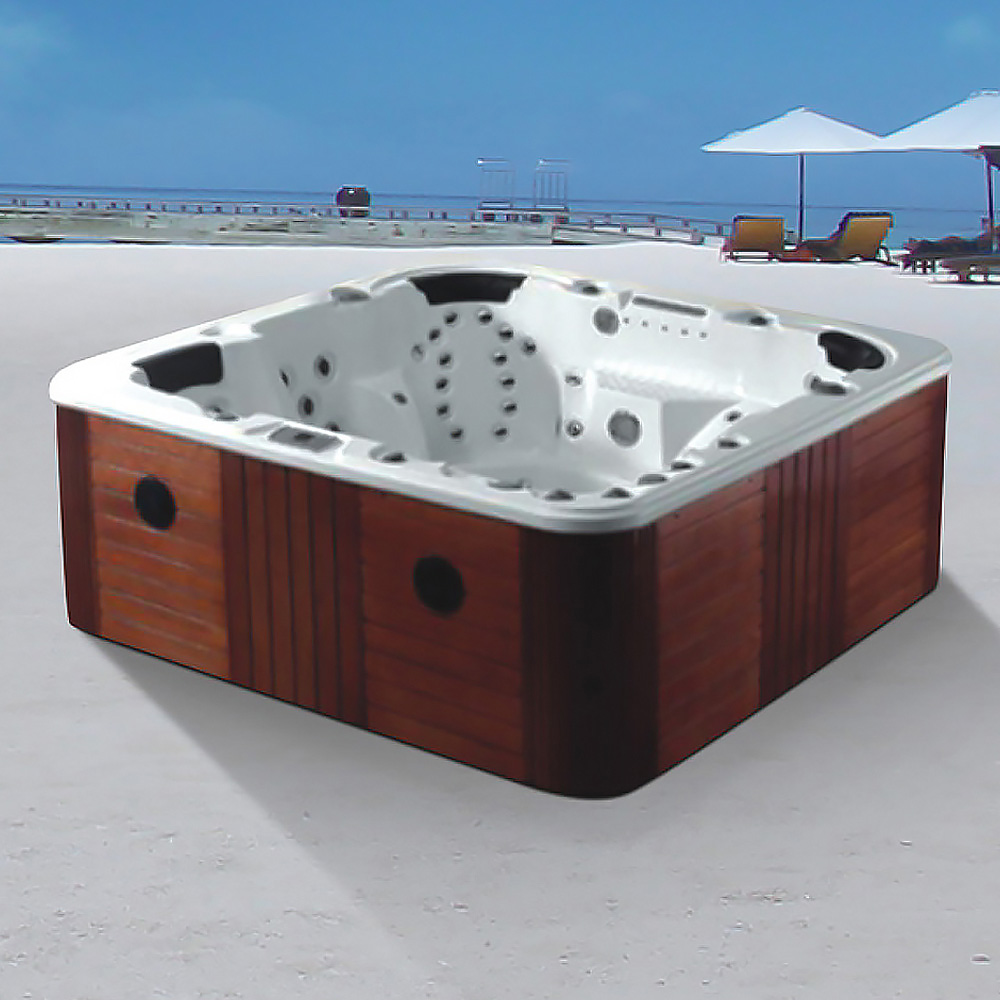 

86.6" White & Brown Outdoor 5-Person 117-Jet Acrylic Square Hot Tub Adjustable Heat