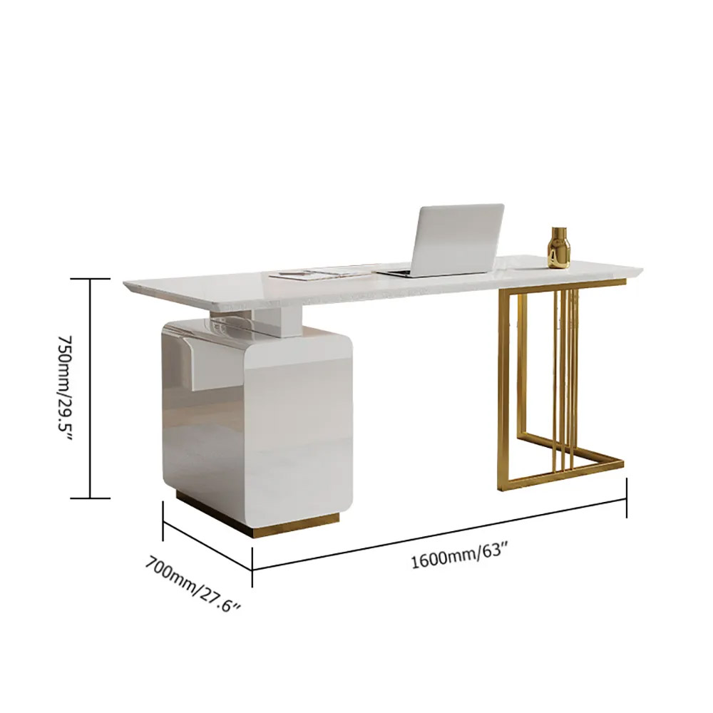 1600mm Modern White Office Desk with Side Cabinet & Drawer in Gold Base