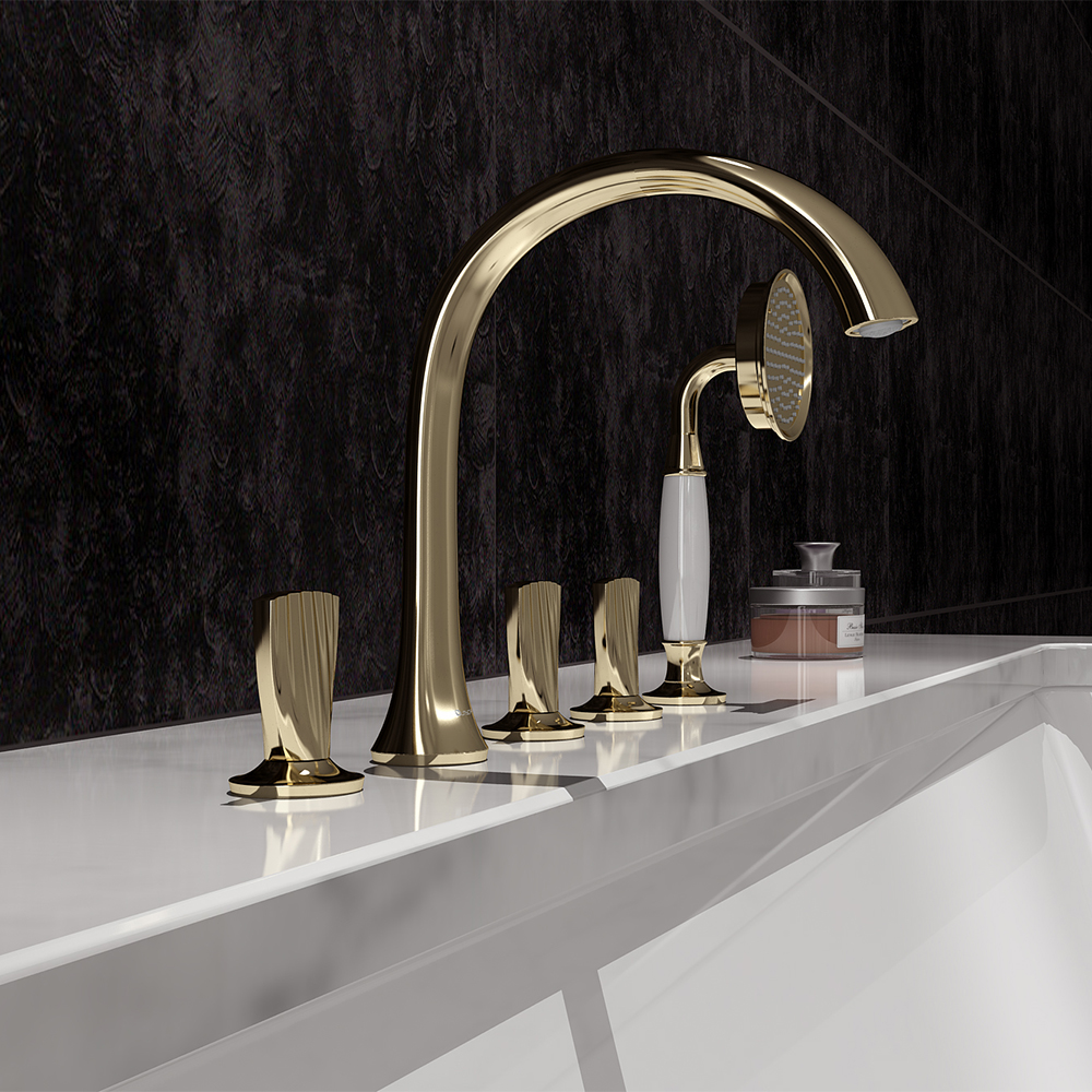 

Deck Mounted Roman Bathtub Faucet with Handshower Solid Brass