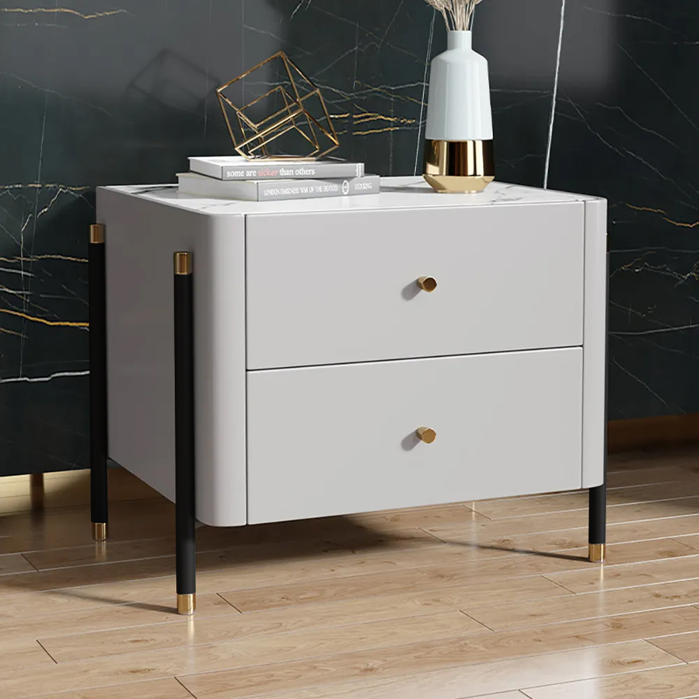 Modern Luxury Gray Nightstand 2-Drawer Bedside Table with Stone Top