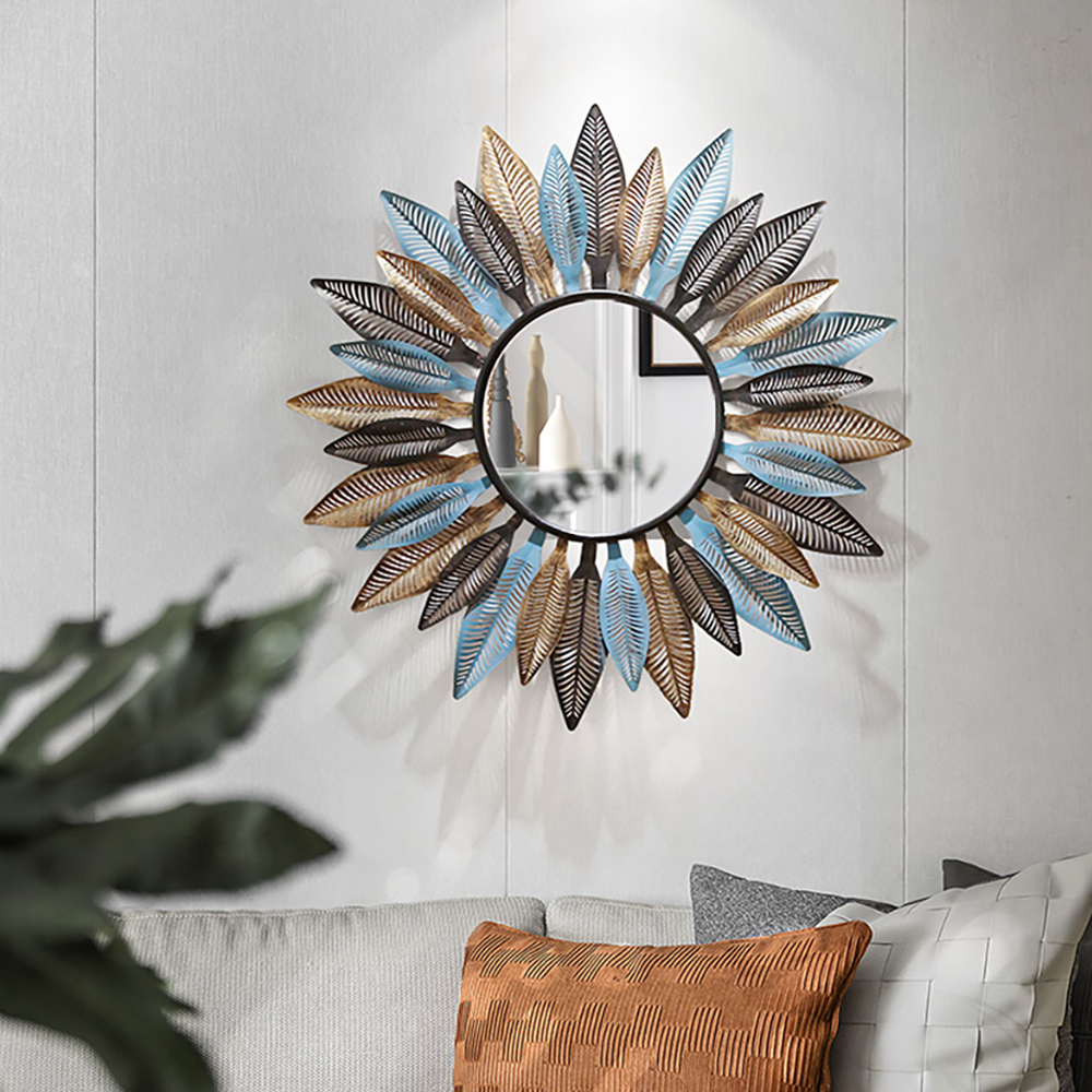 Modern Round Wall Mirror Metal Hollow-Out Leaves Wall Accent