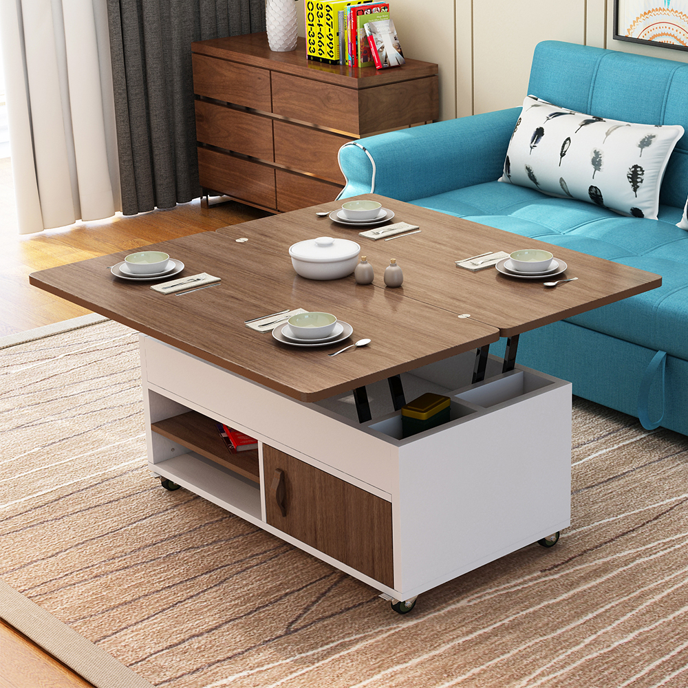 Contemporary Solid Wood Extendable Multipurpose Coffee Table with StoragesHomary