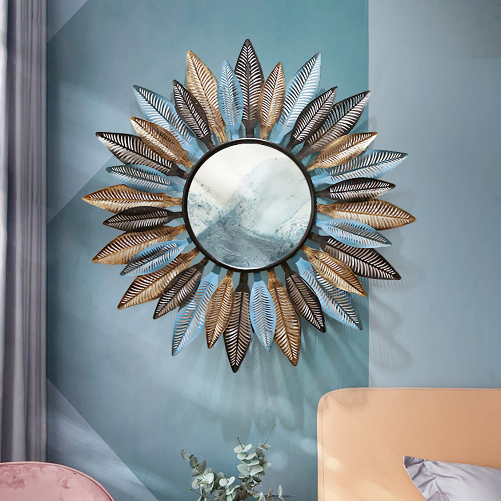 Modern Round Wall Mirror Metal Hollow-Out Leaves Wall Accent
