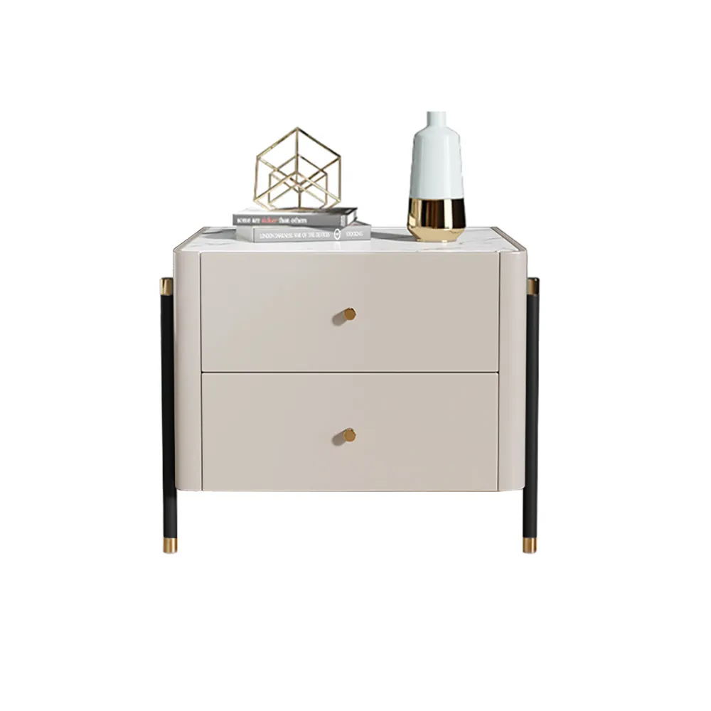 Modern Luxury Khaki Nightstand 2-Drawer Bedside Table with Stone Top