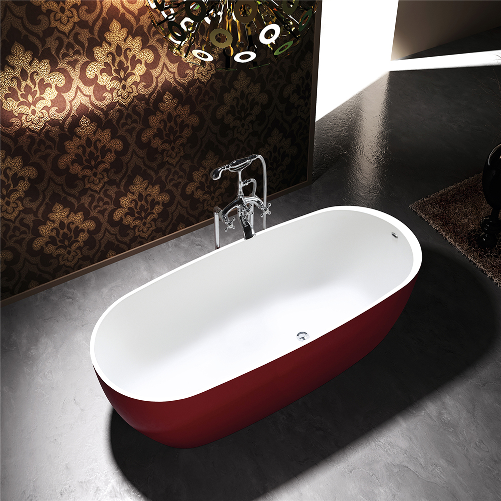 67" Modern Rounded Freestanding Bathtub Stone Resin In Matte White & Red
