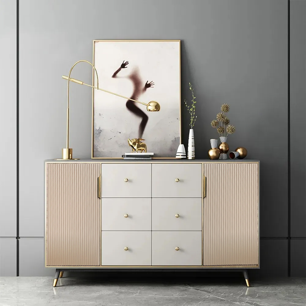 

59" White & Gray Sideboard Buffet Tempered Glass Top with 2 Doors & 6 Drawers