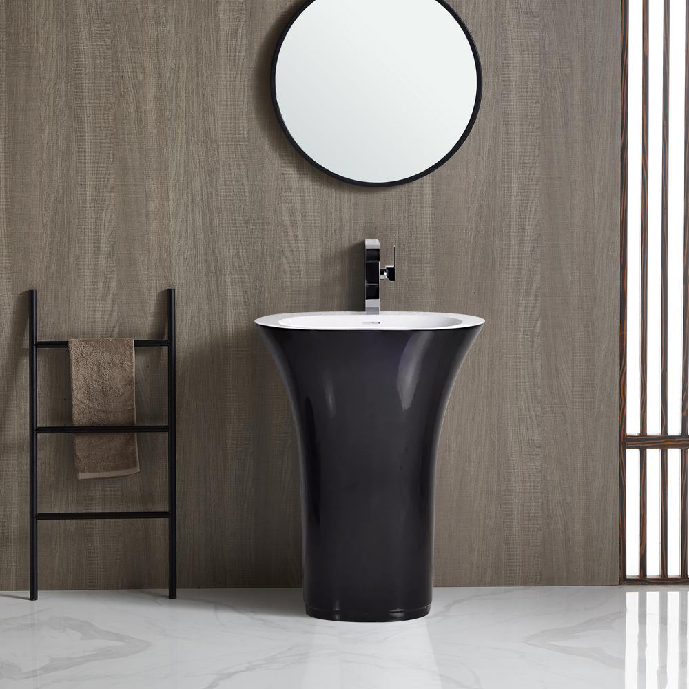 Modern Stone Resin Vase Shaped Pedestal Bathroom Wash Sink In White & Black