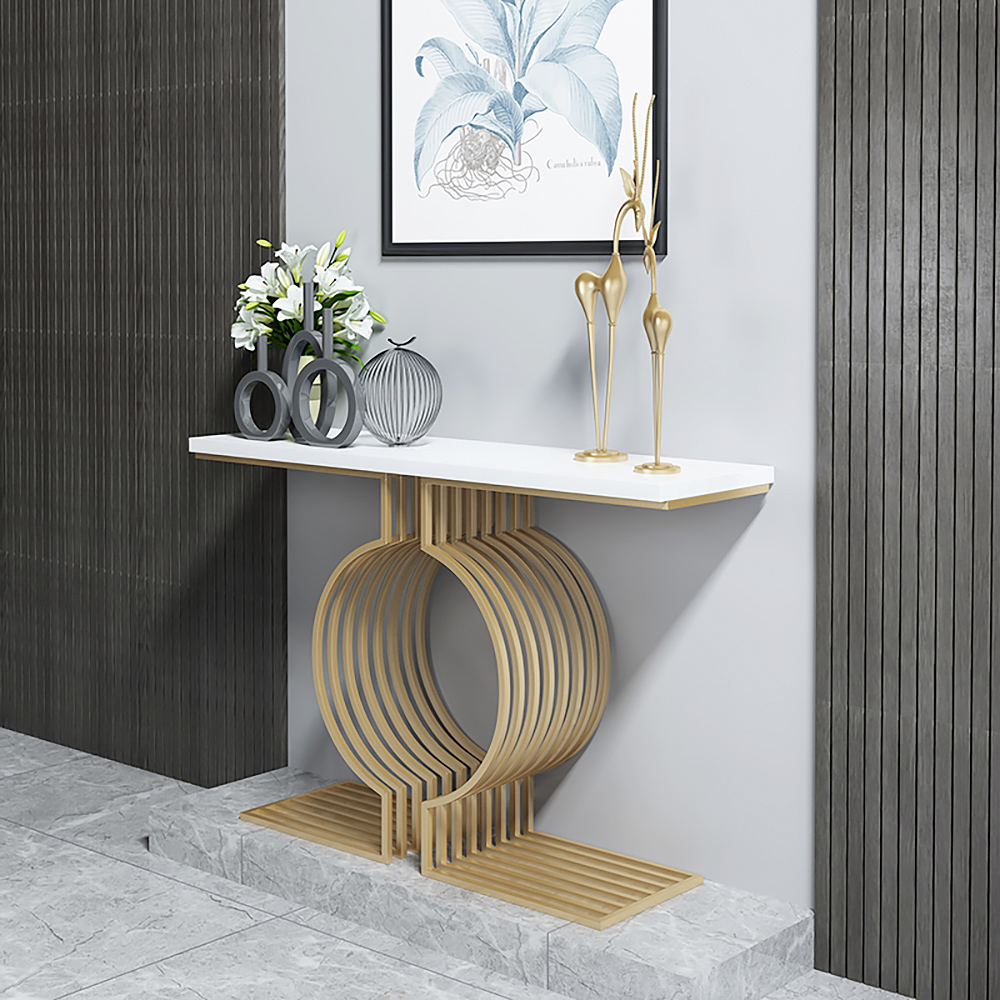 Image of 39.4" Modern Narrow Console Table with Geometric Metal Base White Entryway Table