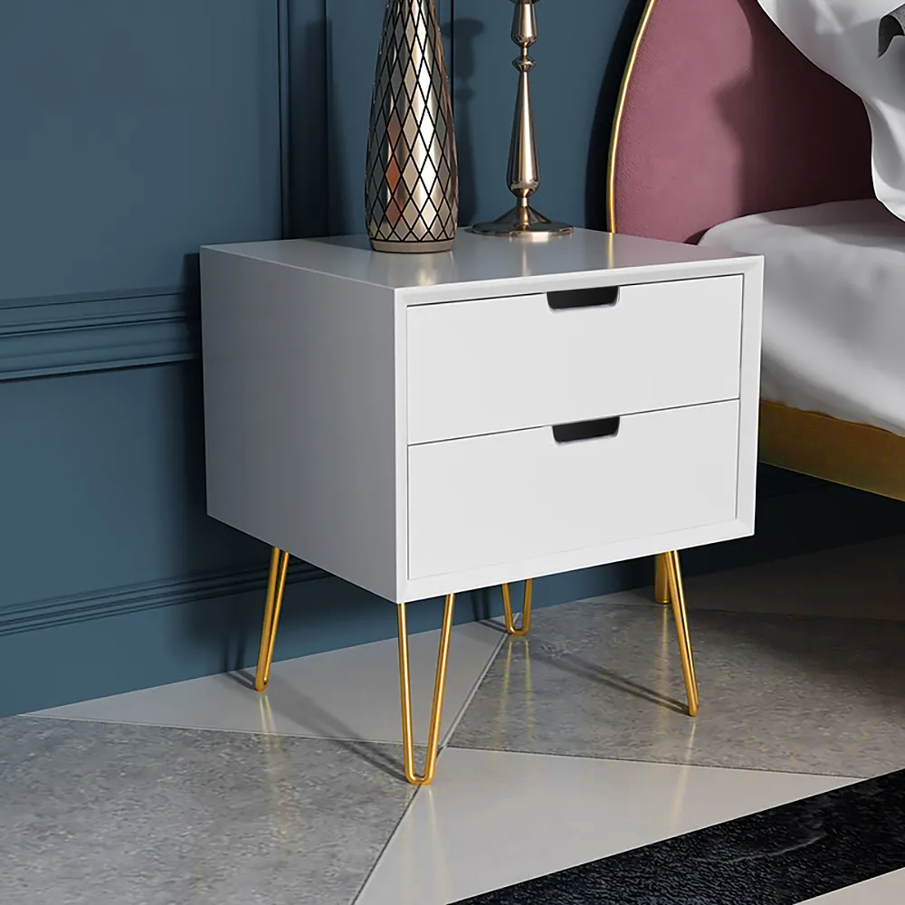 White Modern Bedroom Nightstand 2-Drawer Bedside Table in Gold