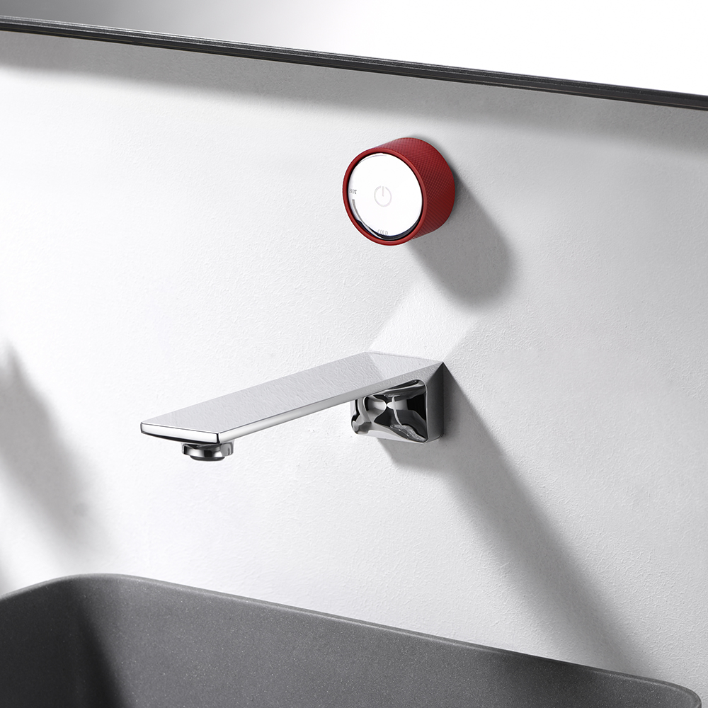

Wall-mounted Brass Single Push Knob Bathroom Sink Faucet in Chrome & Red