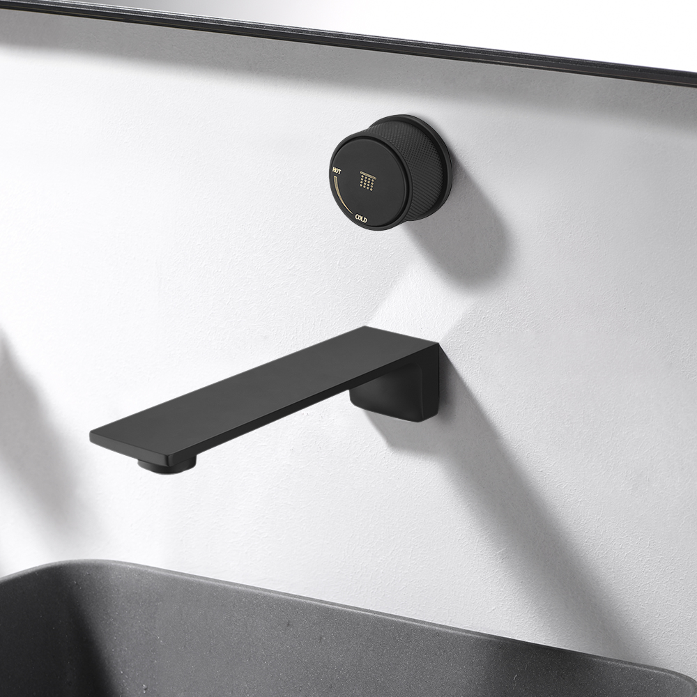 

Wall-mounted Brass Single Push Knob Bathroom Sink Faucet in Matte Black